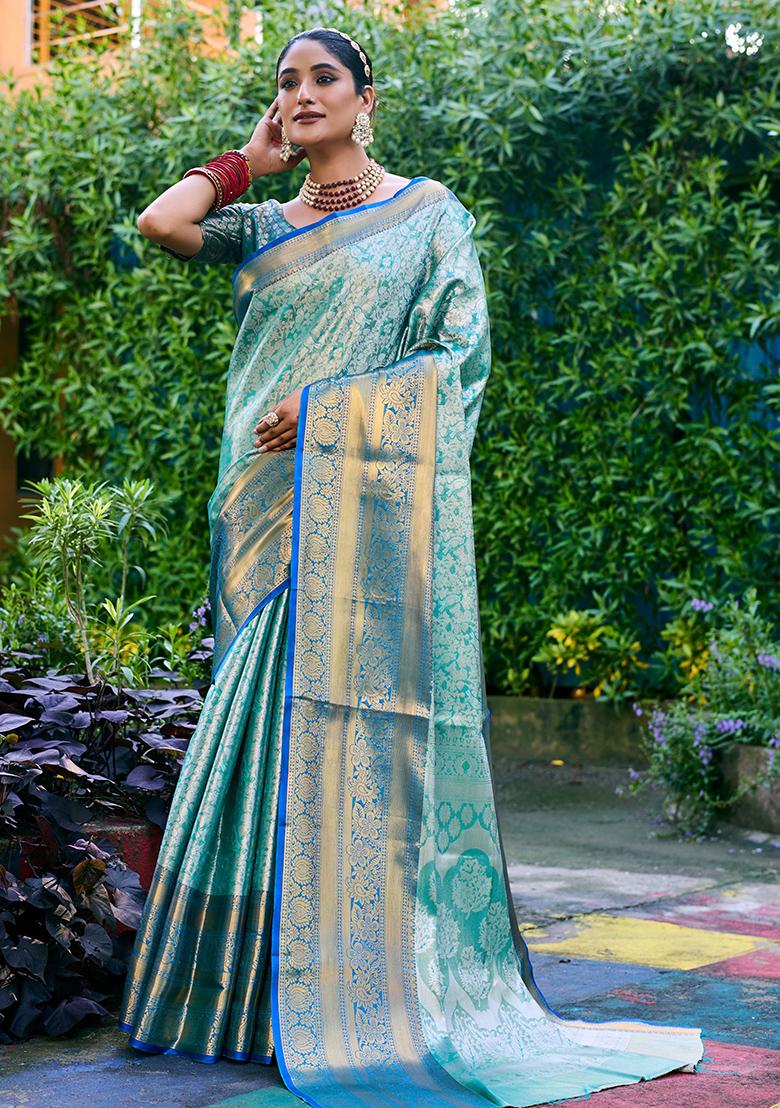 Turquoise Zari Woven Banarasi Handloom Silk Saree Set