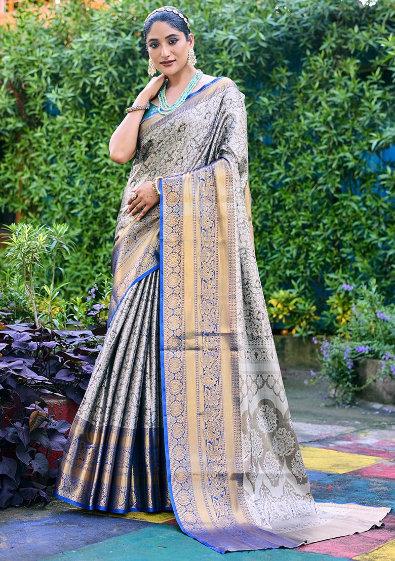 Grey Zari Woven Banarasi Handloom Silk Saree Set