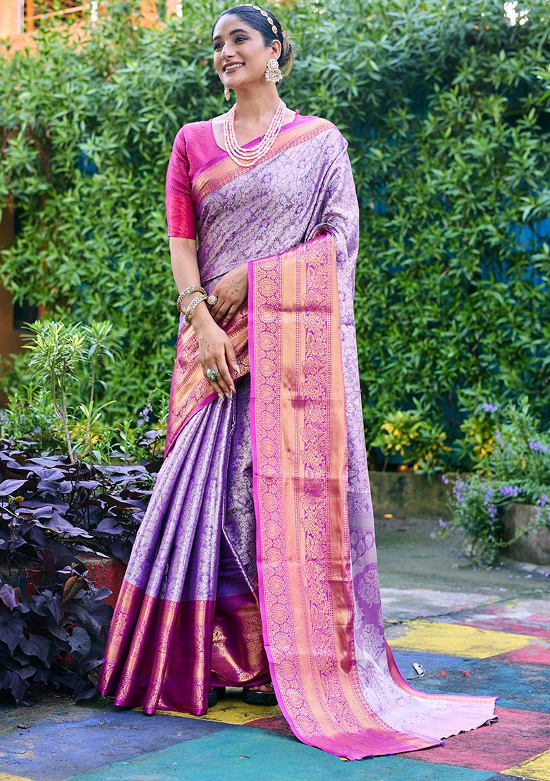 Purple Zari Woven Banarasi Handloom Silk Saree Set