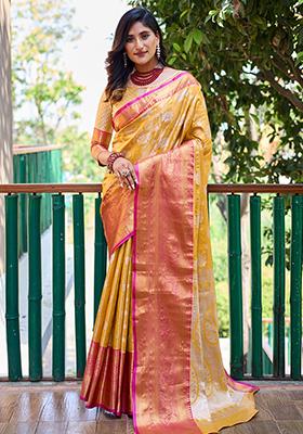 Yellow Zari Woven Banarasi Handloom Silk Saree Set