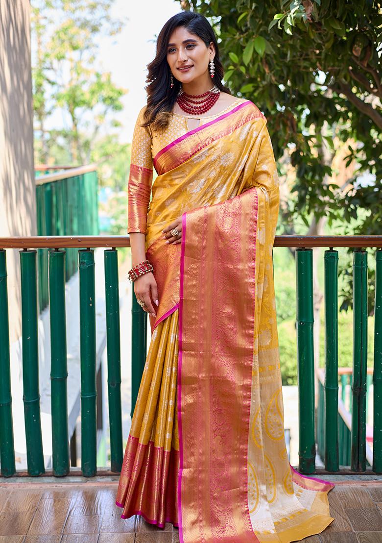 Yellow Zari Woven Banarasi Handloom Silk Saree Set