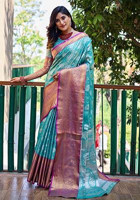 Turquoise Zari Woven Banarasi Handloom Silk Saree Set