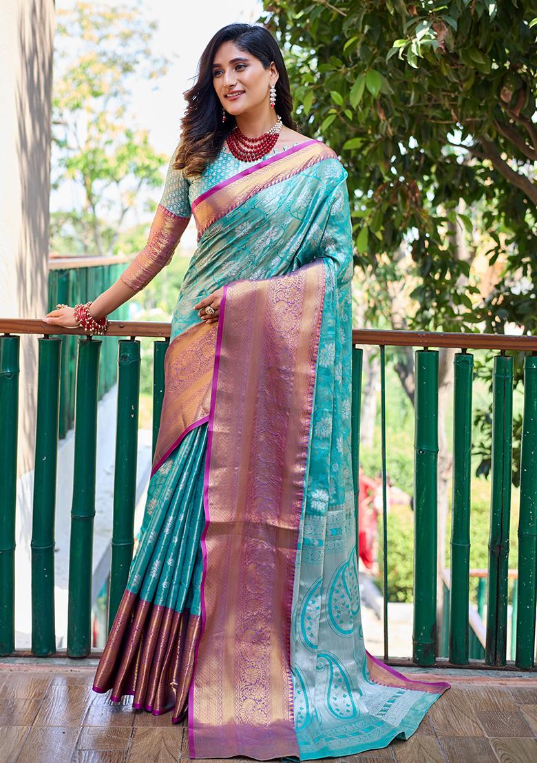 Turquoise Zari Woven Banarasi Handloom Silk Saree Set
