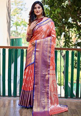 Orange Zari Woven Banarasi Handloom Silk Saree Set