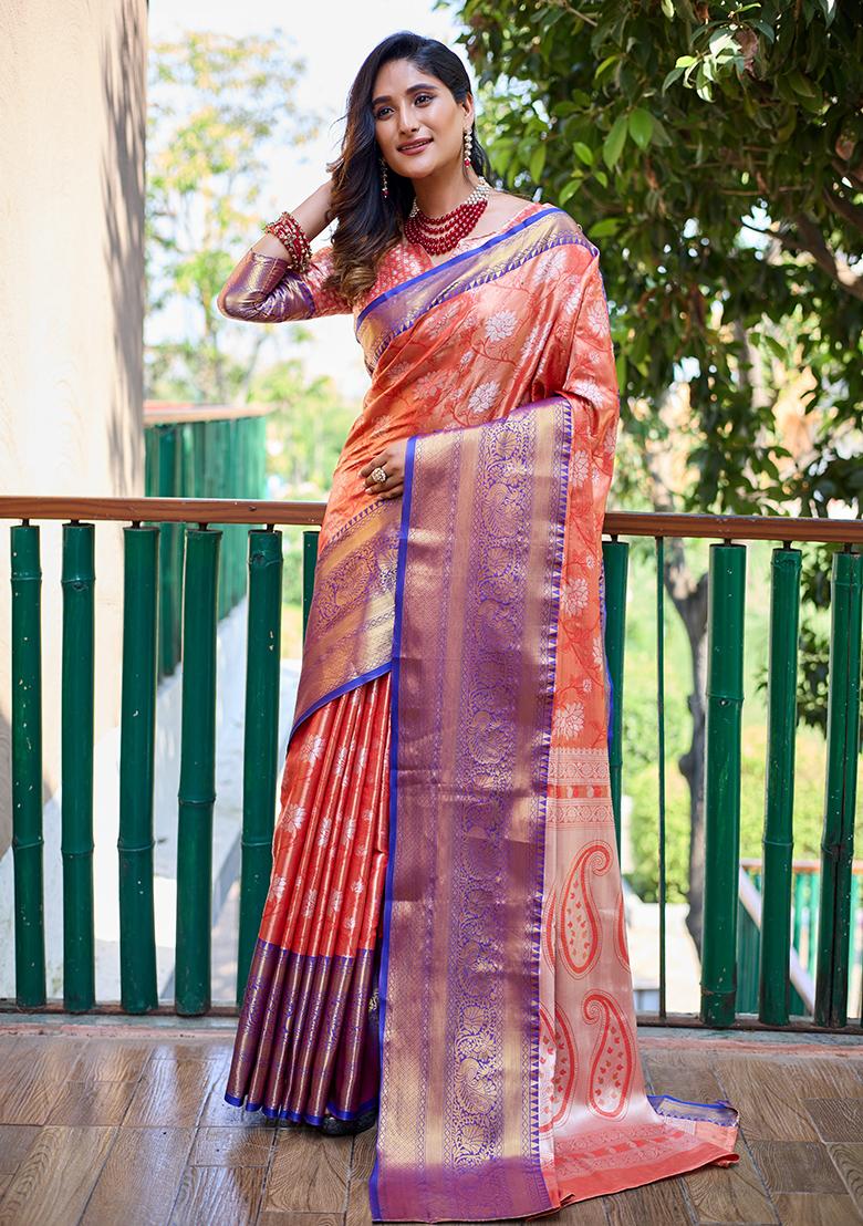 Orange Zari Woven Banarasi Handloom Silk Saree Set