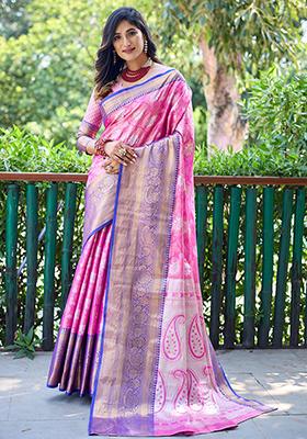Pink Zari Woven Banarasi Handloom Silk Saree Set