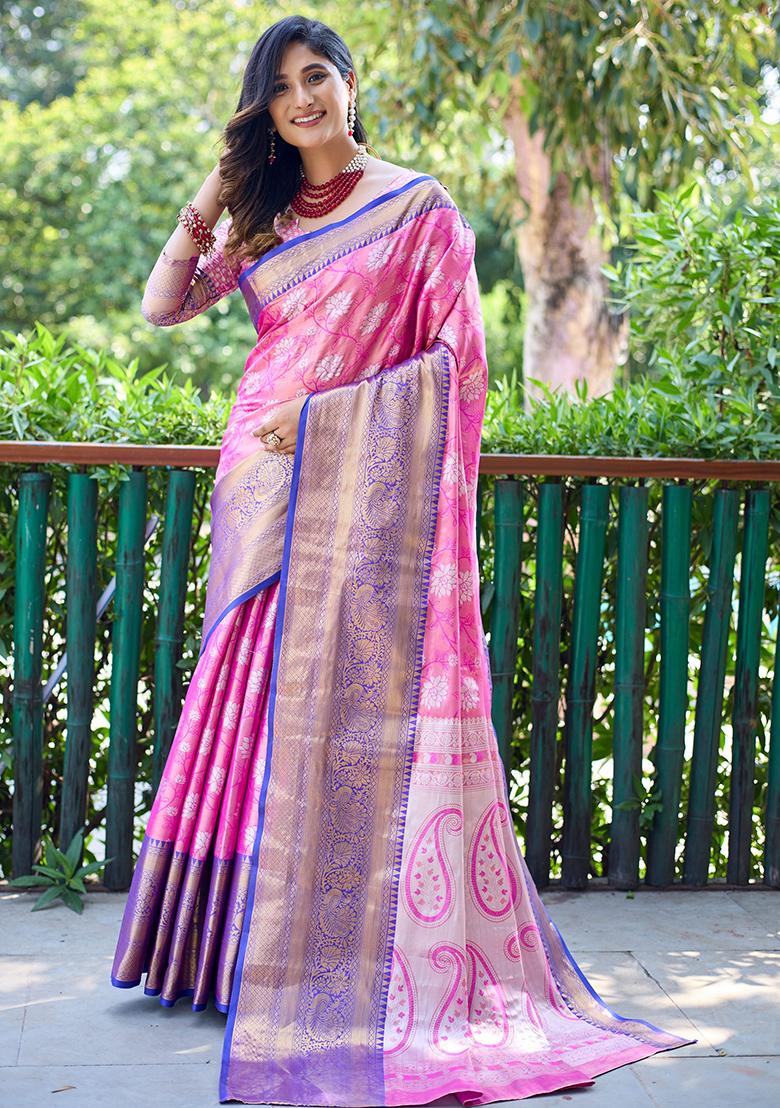 Pink Zari Woven Banarasi Handloom Silk Saree Set