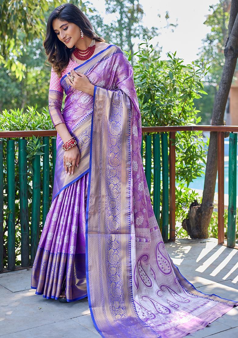 Purple Zari Woven Banarasi Handloom Silk Saree Set