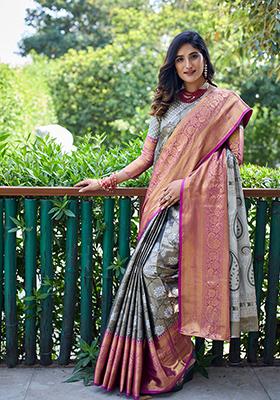 Grey Zari Woven Banarasi Handloom Silk Saree Set