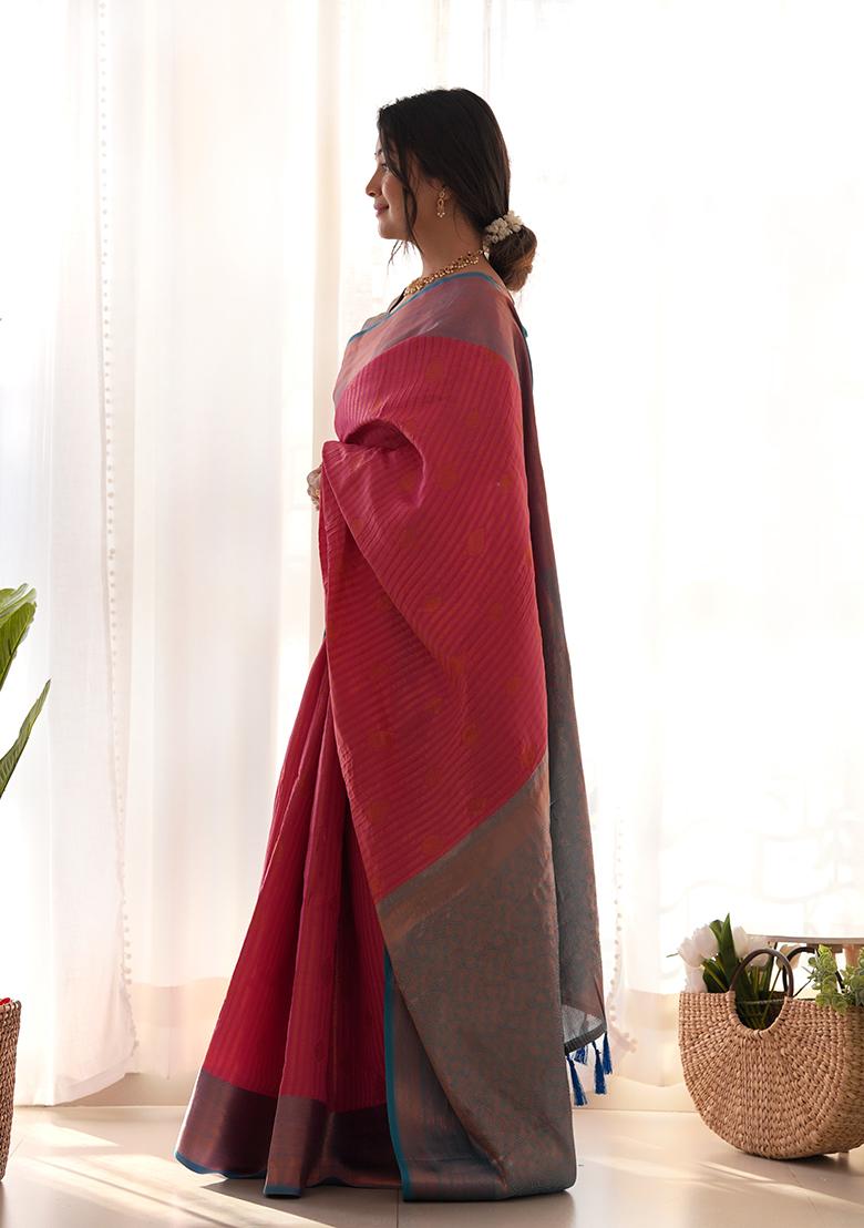 Pink Zari Woven Kanjivaram Silk Saree Set