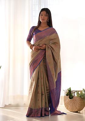Olive Zari Woven Kanjivaram Silk Saree Set