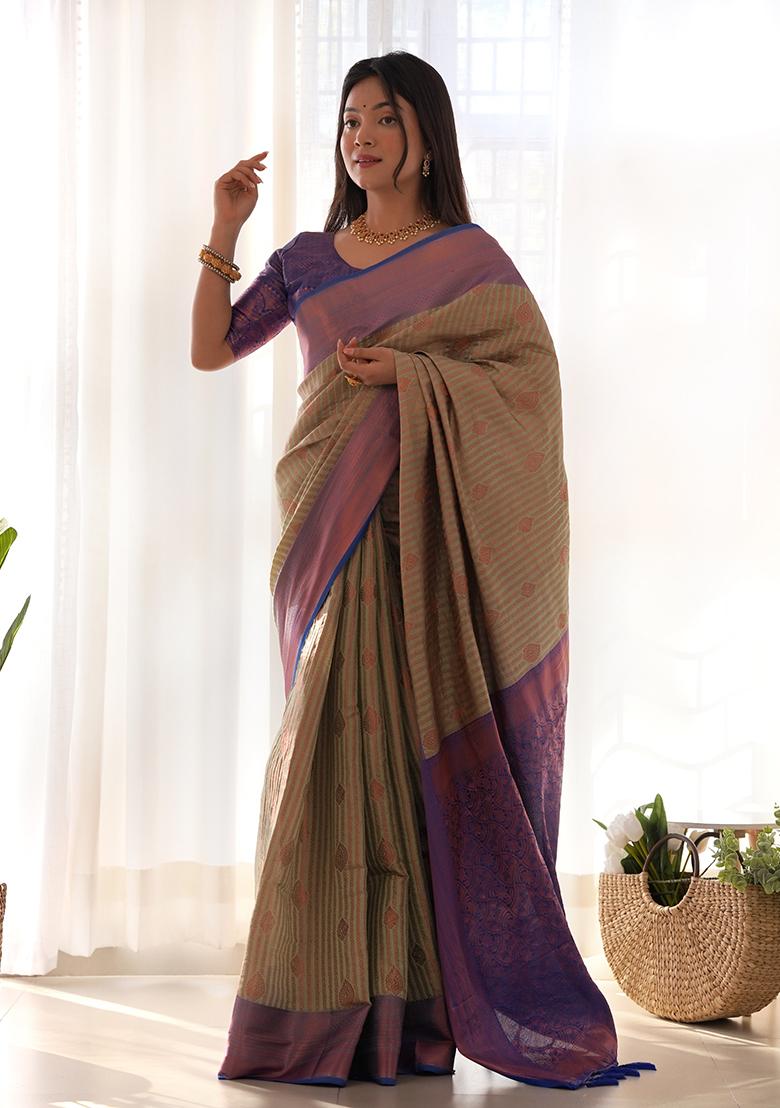 Olive Zari Woven Kanjivaram Silk Saree Set