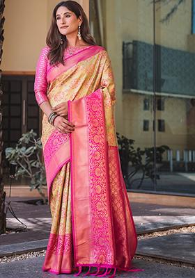 Beige Zari Woven Dharmavaram Silk Saree Set