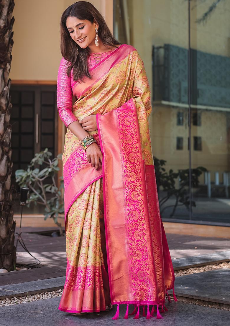 Beige Zari Woven Dharmavaram Silk Saree Set