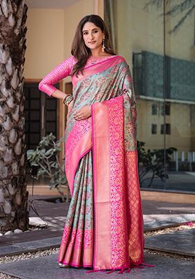 Grey Zari Woven Dharmavaram Silk Saree Set