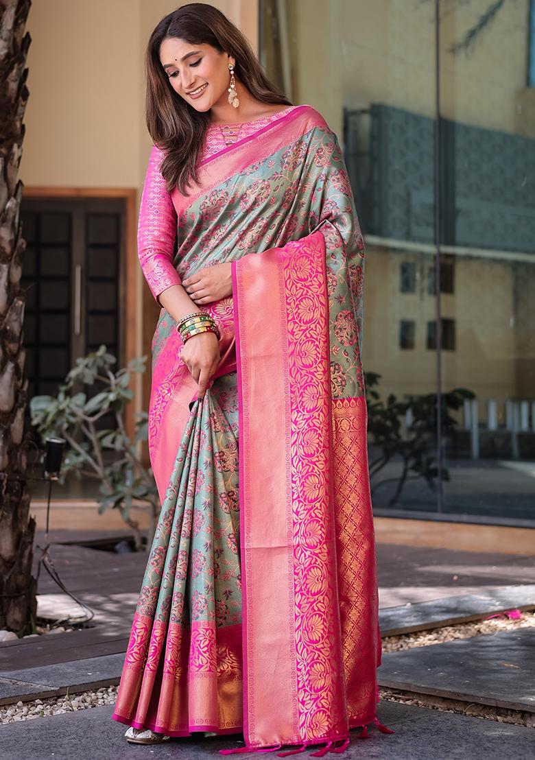 Grey Zari Woven Dharmavaram Silk Saree Set