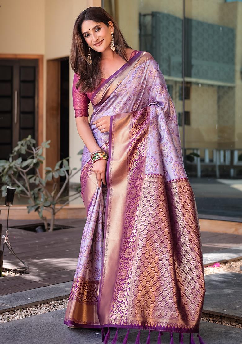Purple Zari Woven Dharmavaram Silk Saree Set
