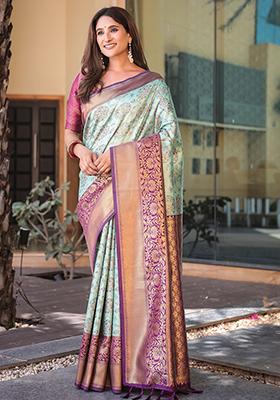 Turquoise Zari Woven Dharmavaram Silk Saree Set