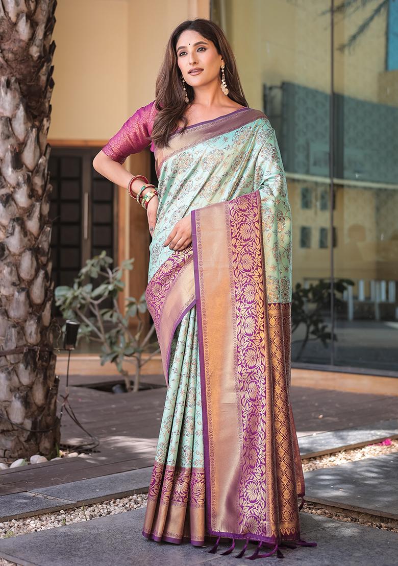 Turquoise Zari Woven Dharmavaram Silk Saree Set
