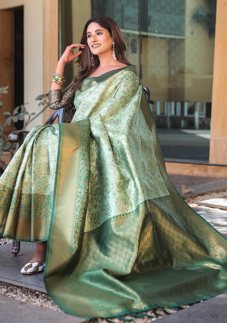 Pista Green Zari Woven Dharmavaram Silk Saree Set