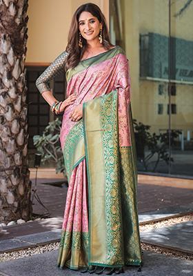 Baby Pink Zari Woven Dharmavaram Silk Saree Set
