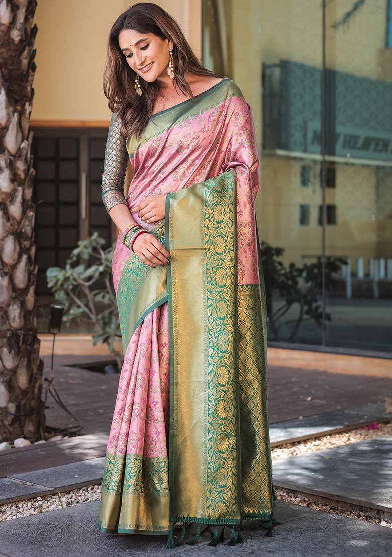 Baby Pink Zari Woven Dharmavaram Silk Saree Set