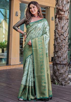 Pista Green Zari Woven Dharmavaram Silk Saree Set