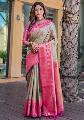 Pista Green Zari Woven Dharmavaram Silk Saree Set