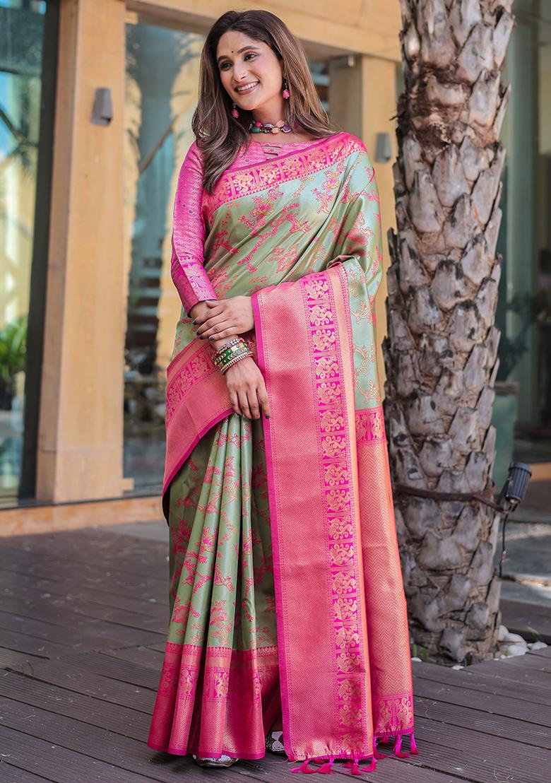 Pista Green Zari Woven Dharmavaram Silk Saree Set