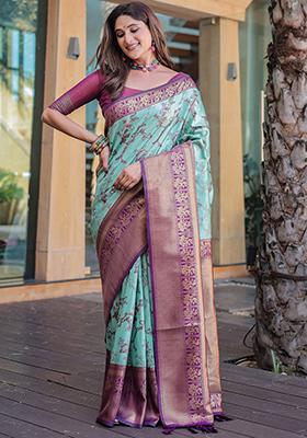 Turquoise Zari Woven Dharmavaram Silk Saree Set