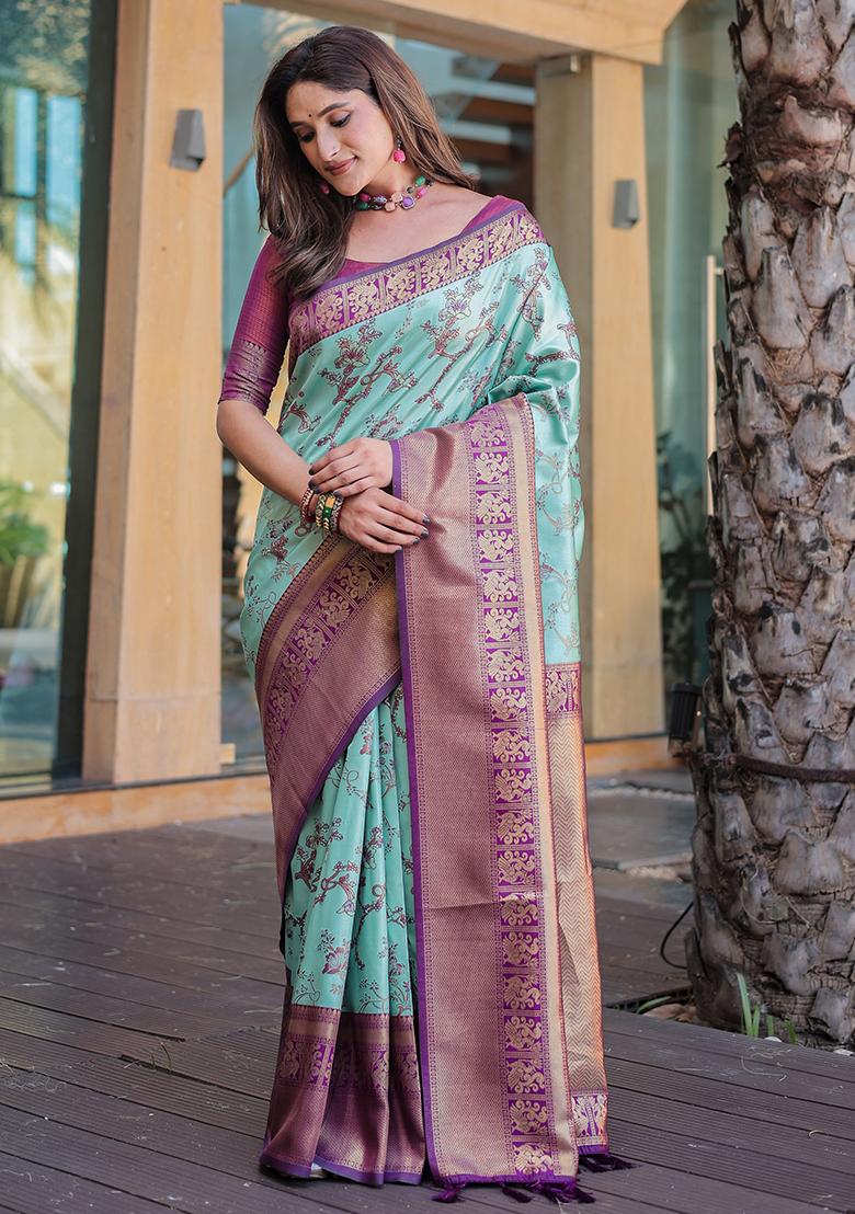 Turquoise Zari Woven Dharmavaram Silk Saree Set