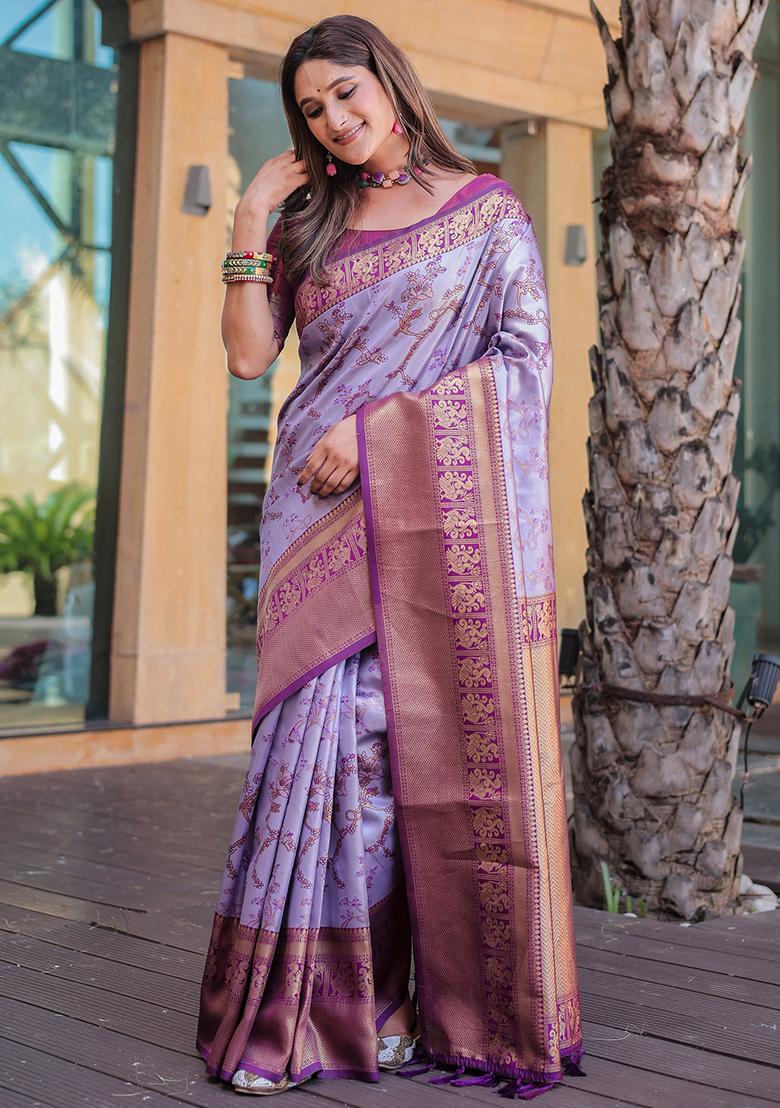 Light Purple Zari Woven Dharmavaram Silk Saree Set