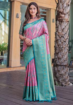 Baby Pink Zari Woven Dharmavaram Silk Saree Set