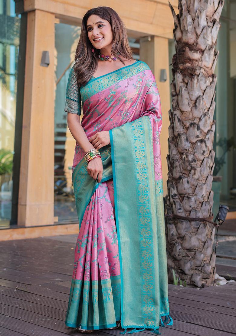 Baby Pink Zari Woven Dharmavaram Silk Saree Set