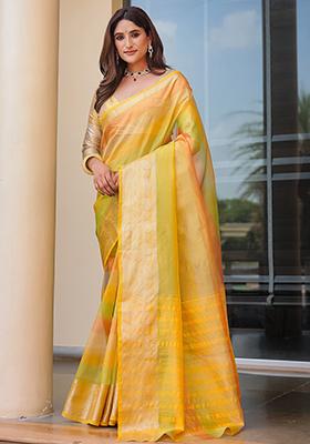 Yellow Zari Woven Banarasi Handloom Silk Saree Set