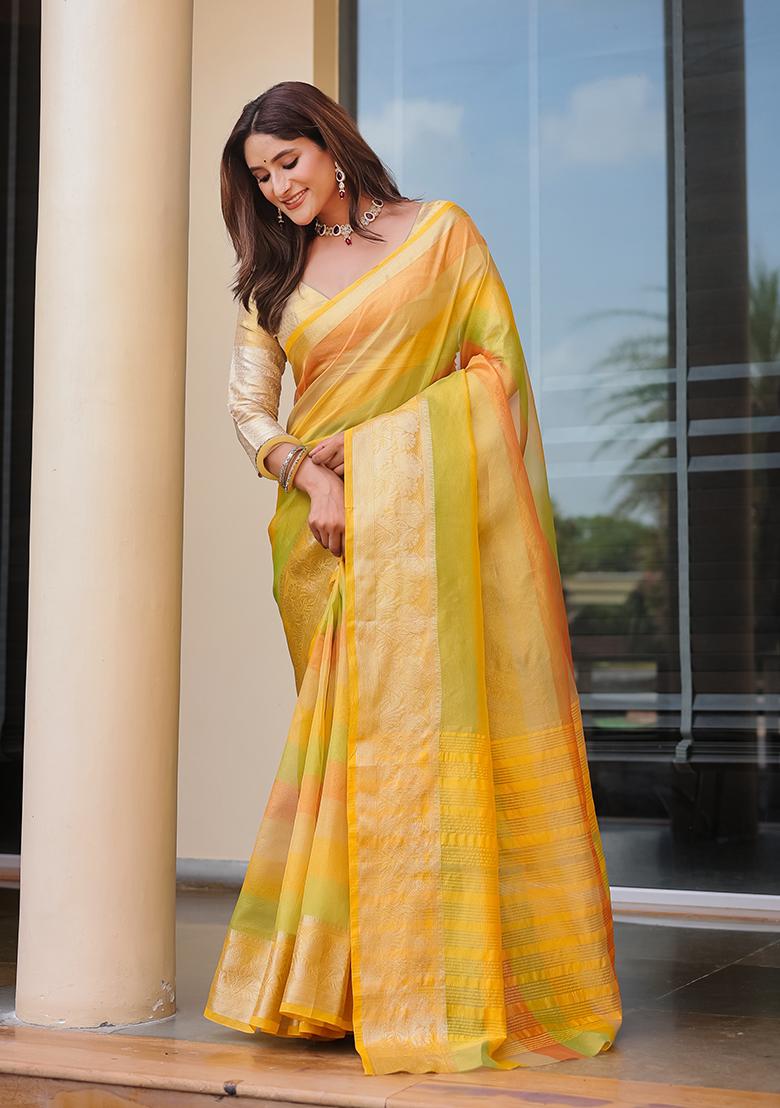 Yellow Zari Woven Banarasi Handloom Silk Saree Set
