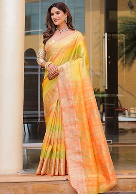 Orange Zari Woven Banarasi Handloom Silk Saree Set