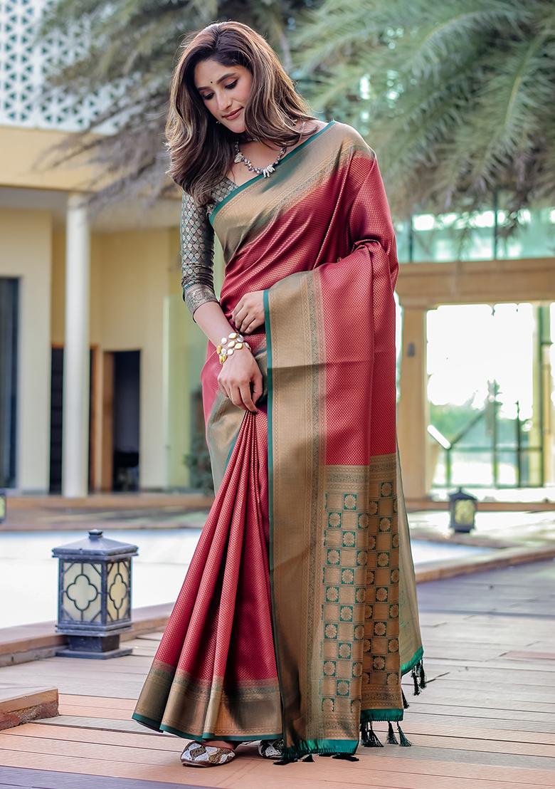 Maroon Zari Woven Kanjivaram Silk Saree Set