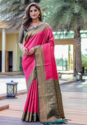 Pink Zari Woven Kanjivaram Silk Saree Set