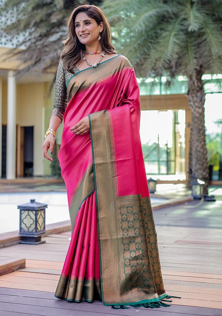 Pink Zari Woven Kanjivaram Silk Saree Set