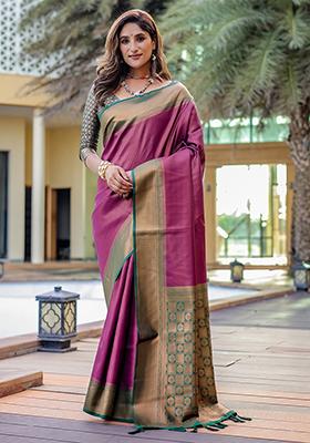 Purple Zari Woven Kanjivaram Silk Saree Set