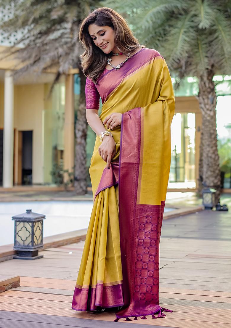 Yellow Zari Woven Kanjivaram Silk Saree Set