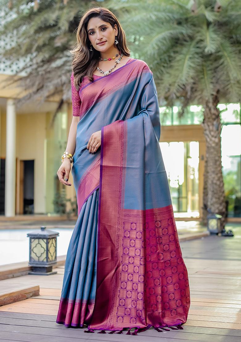 Blue Zari Woven Kanjivaram Silk Saree Set