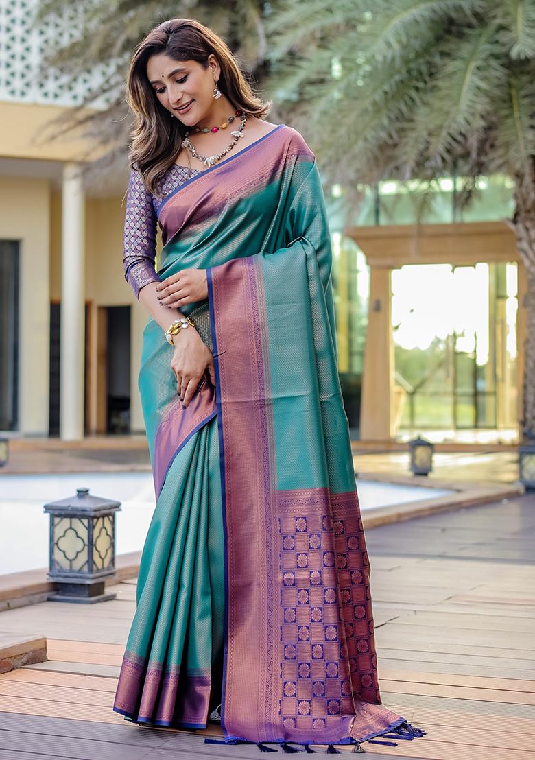 Turquoise Zari Woven Kanjivaram Silk Saree Set