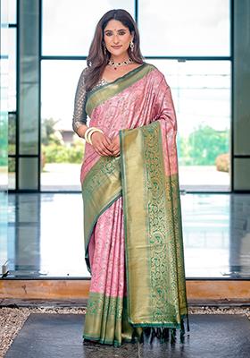 Baby Pink Zari Woven Dharmavaram Silk Saree Set