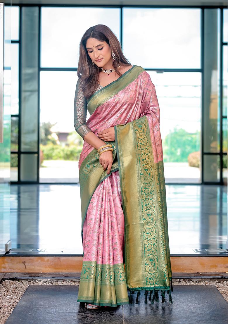 Baby Pink Zari Woven Dharmavaram Silk Saree Set