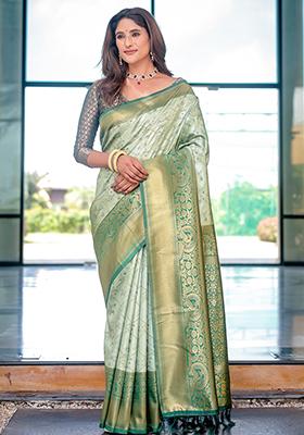 Pista Green Zari Woven Dharmavaram Silk Saree Set