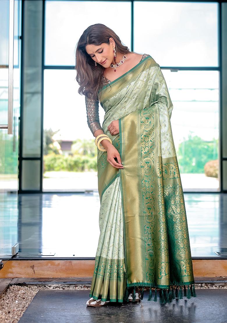 Pista Green Zari Woven Dharmavaram Silk Saree Set