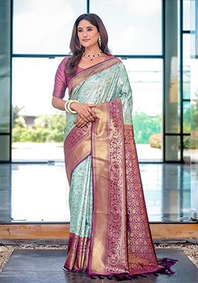 Turquoise Zari Woven Dharmavaram Silk Saree Set