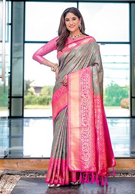 Grey Zari Woven Dharmavaram Silk Saree Set